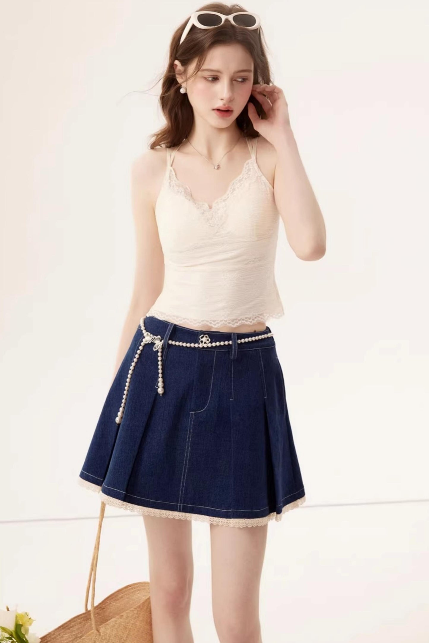 Lace Splicing Denim Skirt