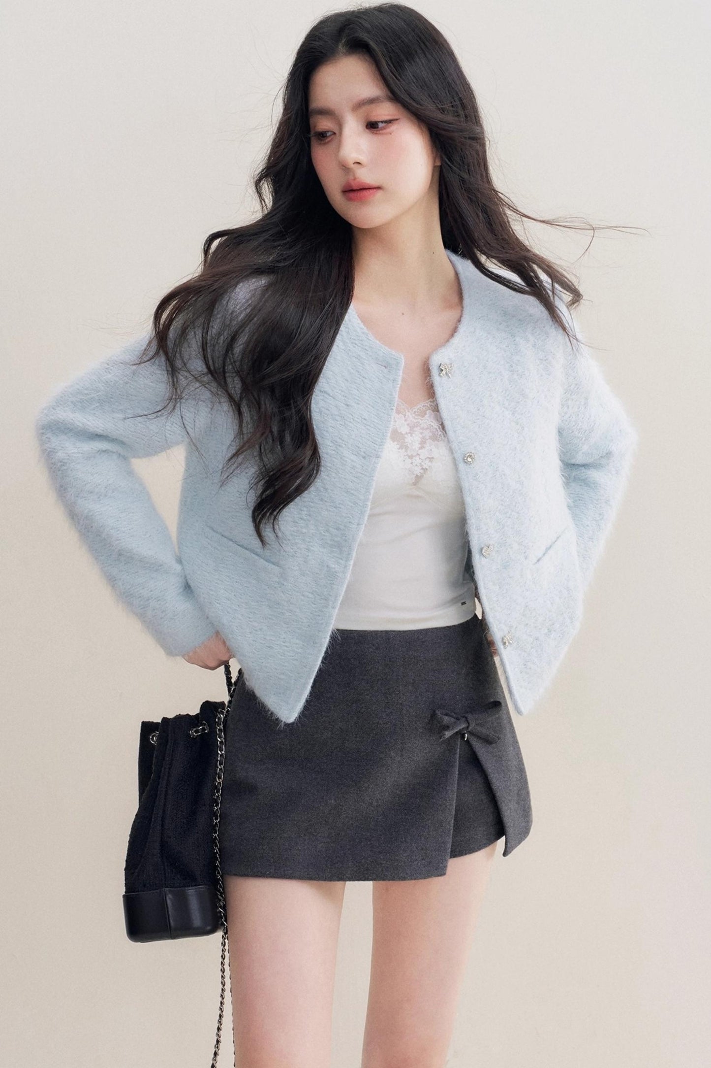 Bow Woolen Hem Skirt