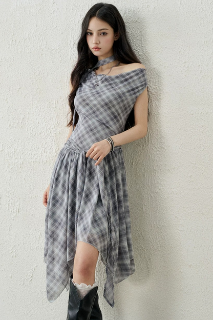 Plaid Irregular-Hem Dress