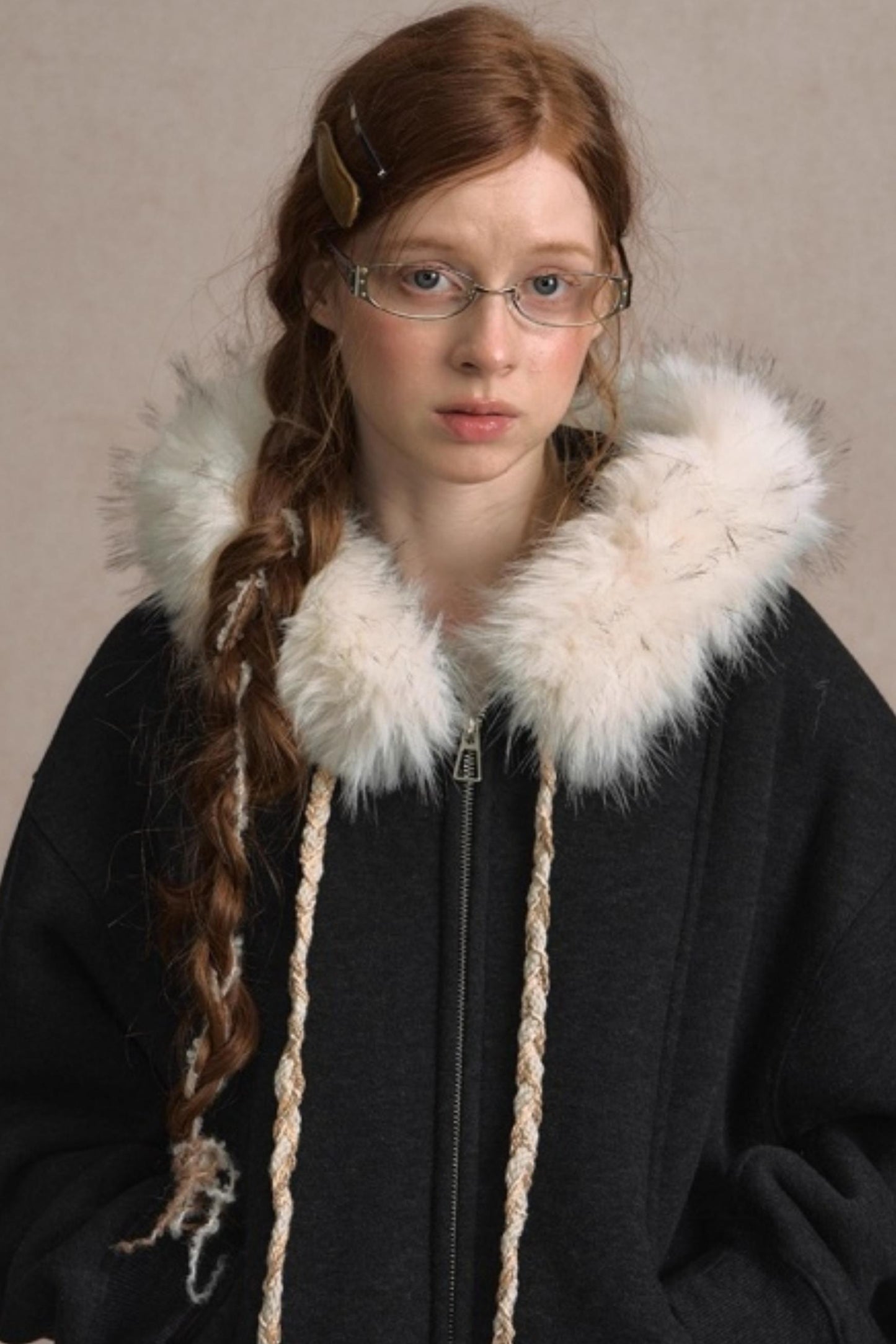 Loose Fur Collar Hooded Zipper Jacket