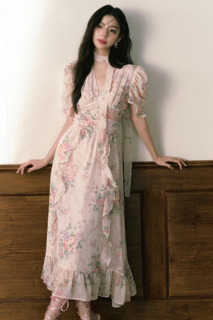 Pink Chiffon V-Neck Summer Dress