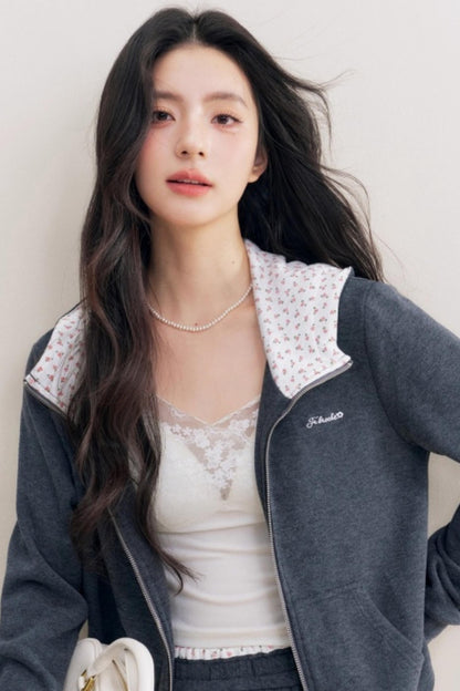 Rose Print Patchwork Hooded Jacket Set-Up