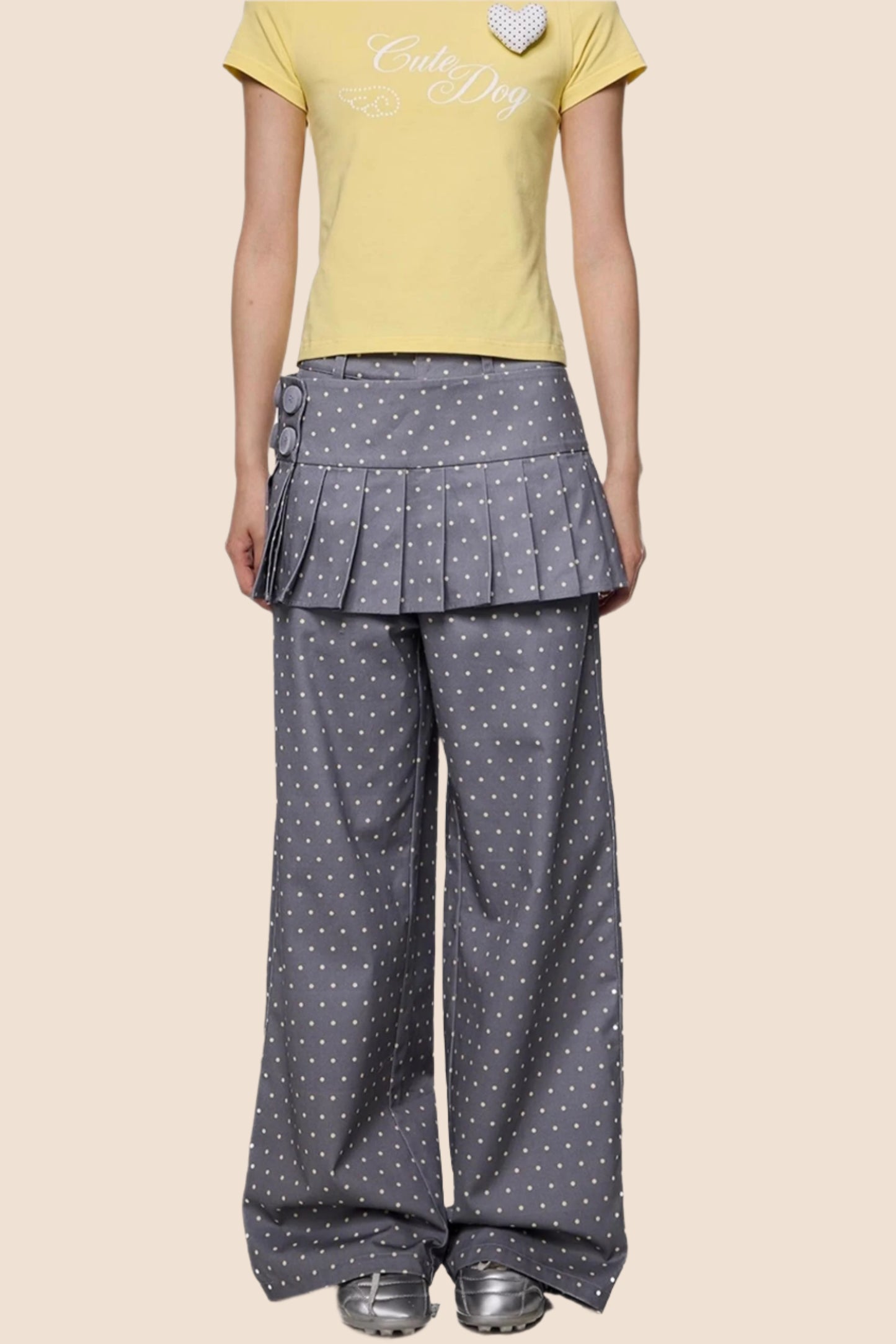 Gray And Yellow Polka Dots Pleated Skirt-Pants Set