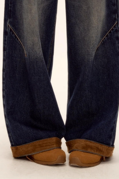 Suede Patchwork Denim Pants