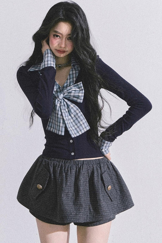 American Long-Sleeved Bow Plaid T-Shirt