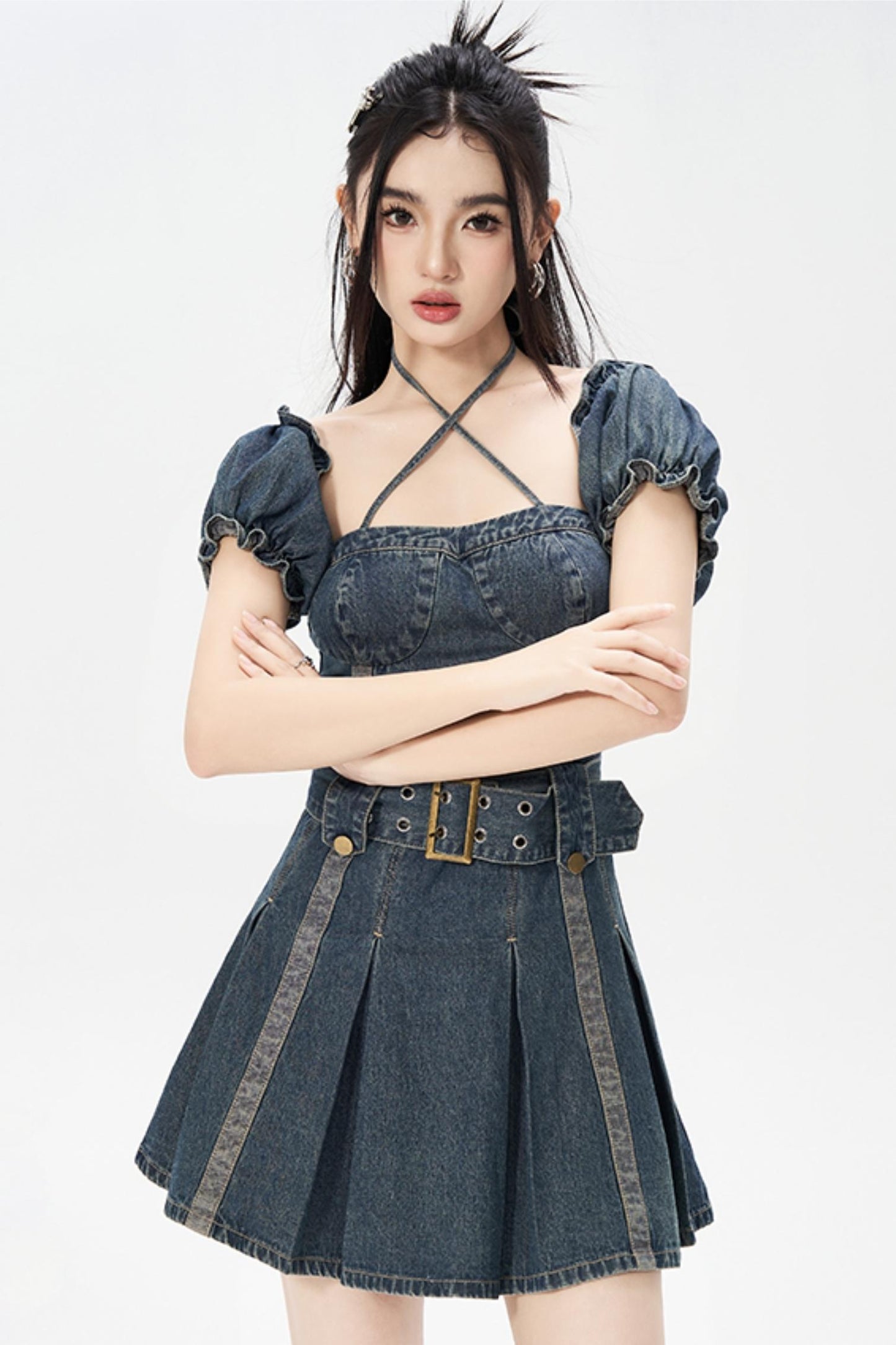 Vintage One-Shoulder Bubble Sleeves Denim Dress