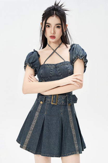 Vintage One-Shoulder Bubble Sleeves Denim Dress
