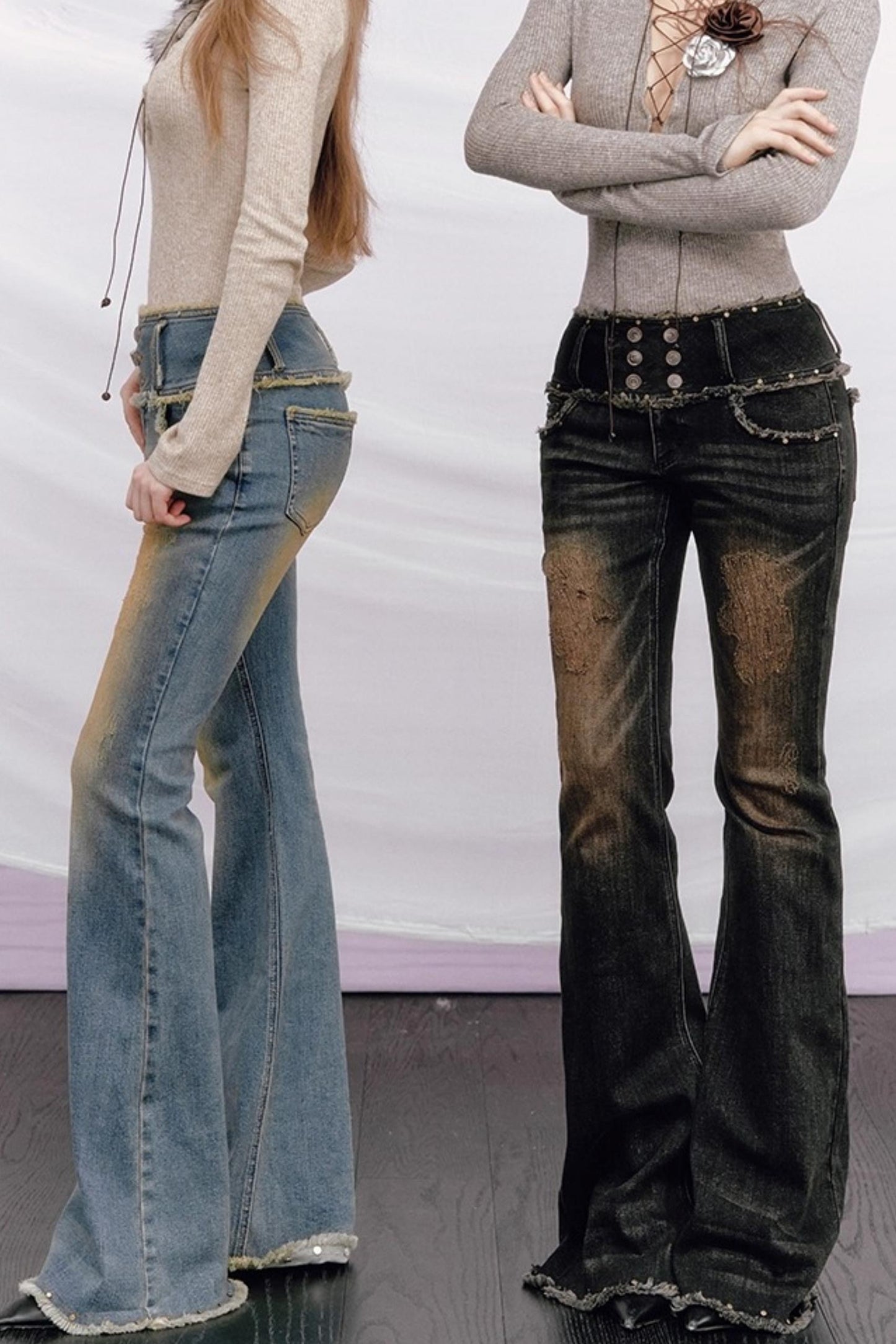 Vintage Distressed Denim Flared Pants