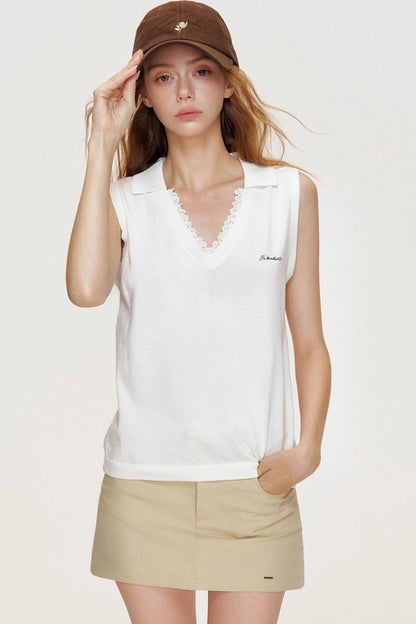 Beige Grain Embroidered Lace Knit Vest