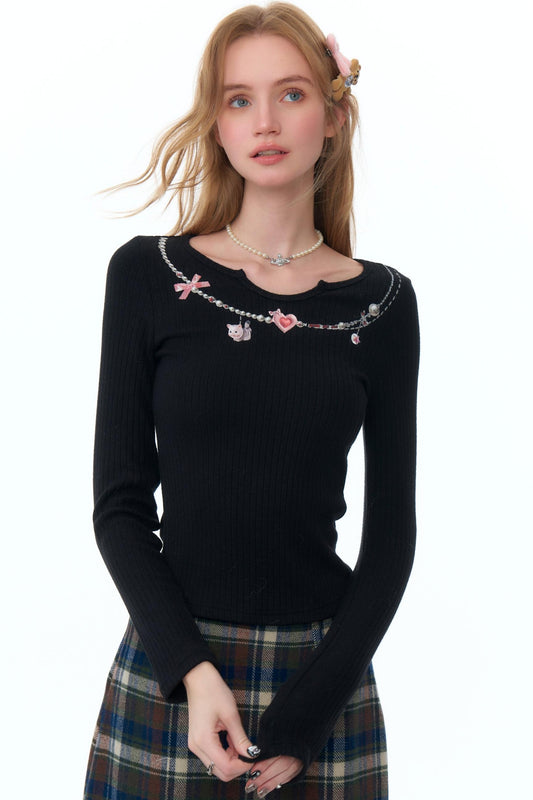 Retro Necklace Print Knitted Shirt