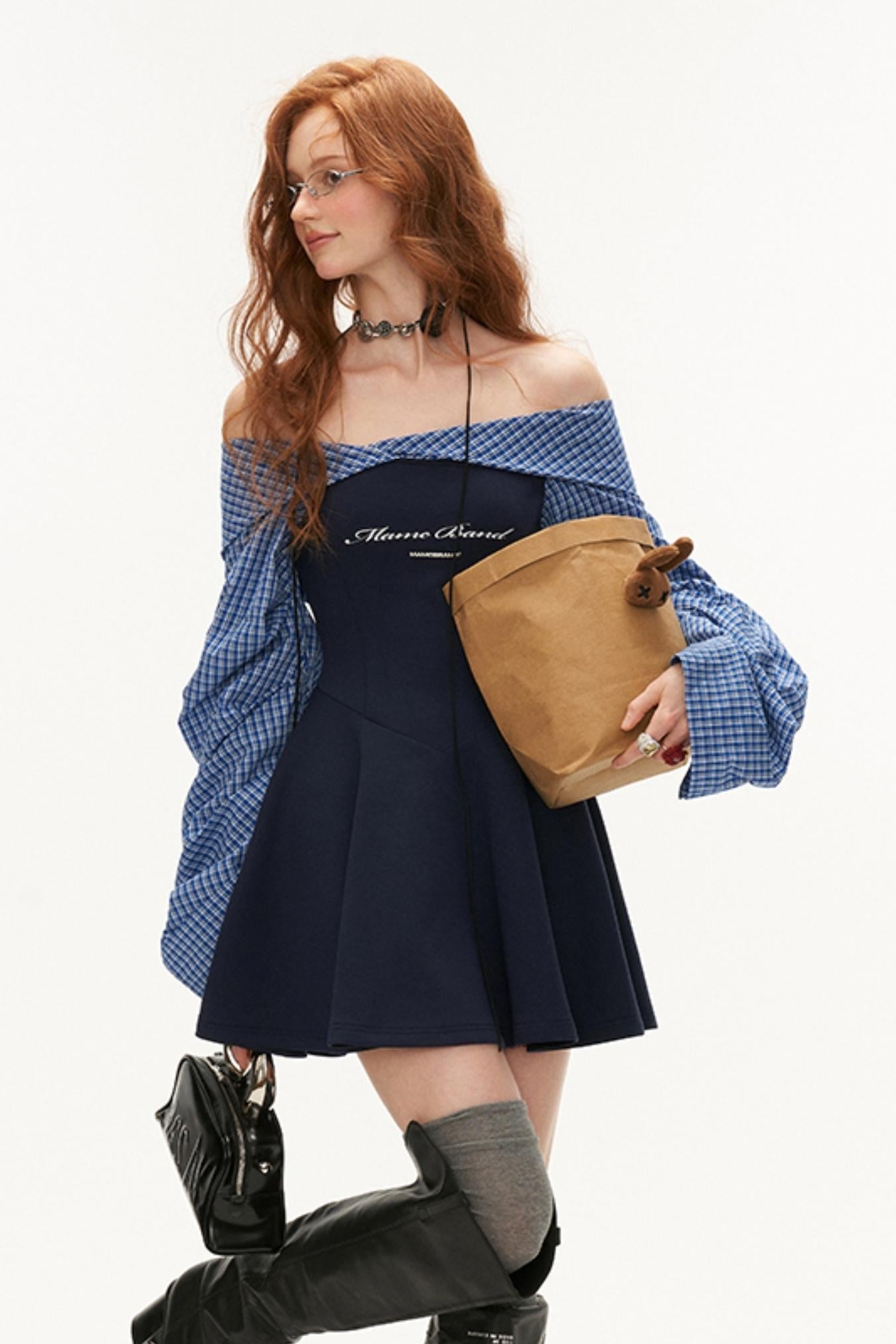 MAMC Stitched Shirt Balloon Sleeve Straight Shoulder Dress Women's Autumn New High Grade Temperament Long Sleeve Sexy Skirt