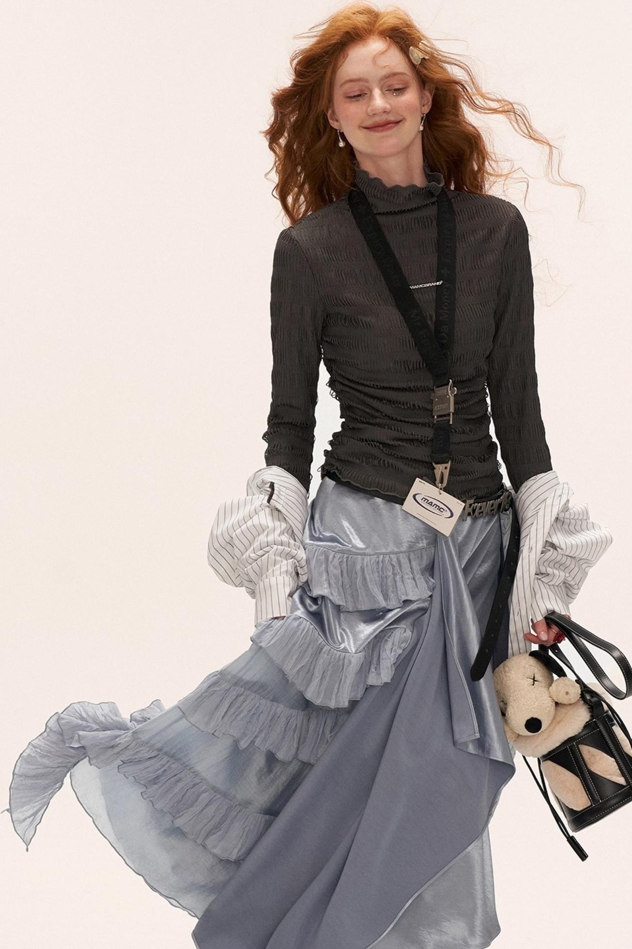 High-Neck Knitted Striped Slimming Shirt