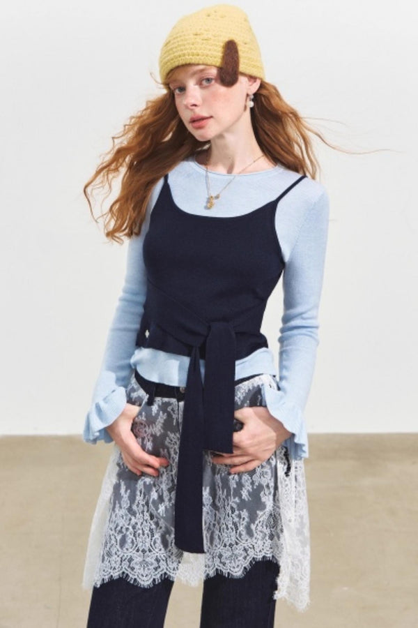 Fake Two Contrasting Tie-Up Sweater