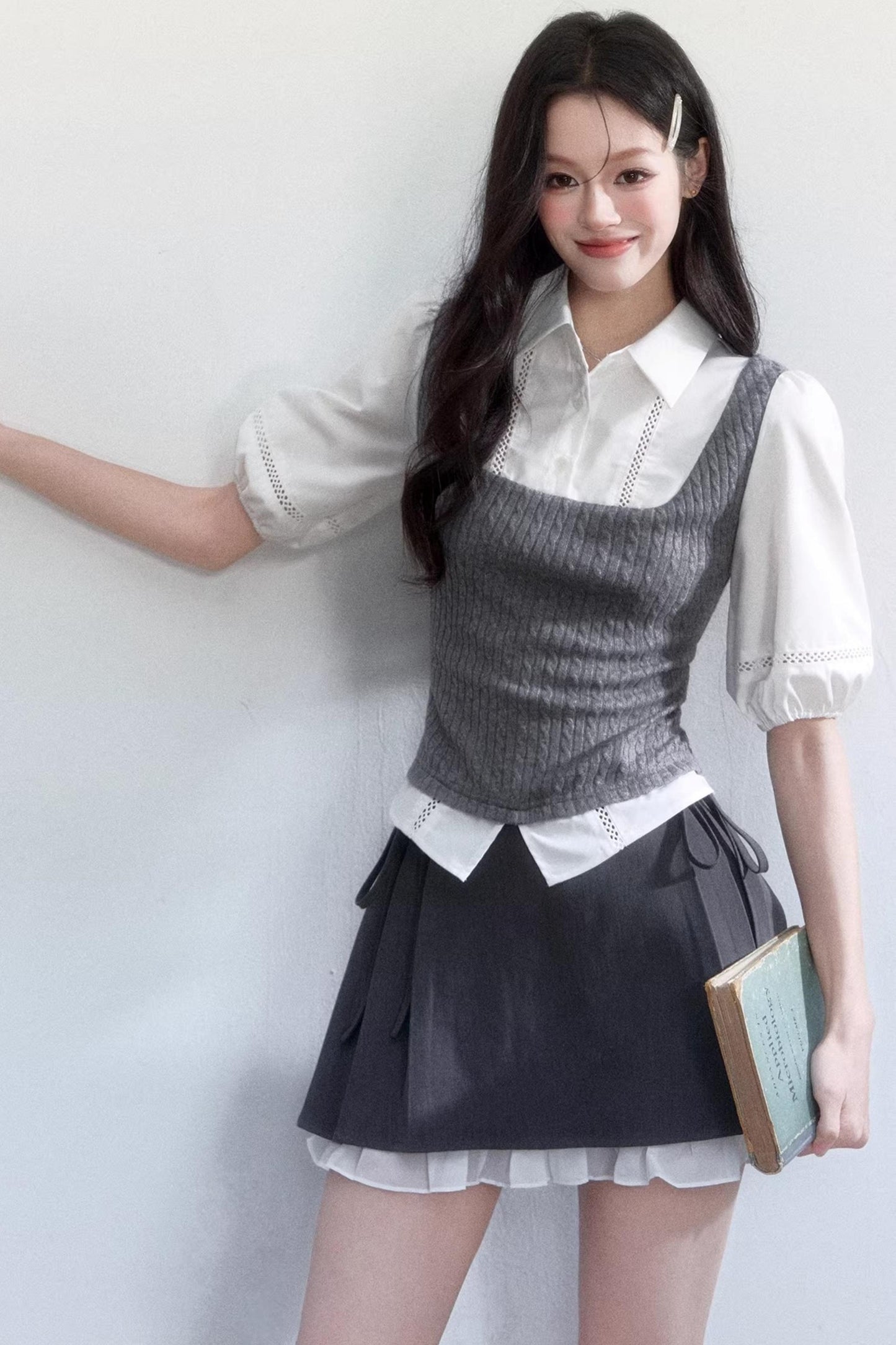 Conjunto de camisa de manga abullonada con bloques de color