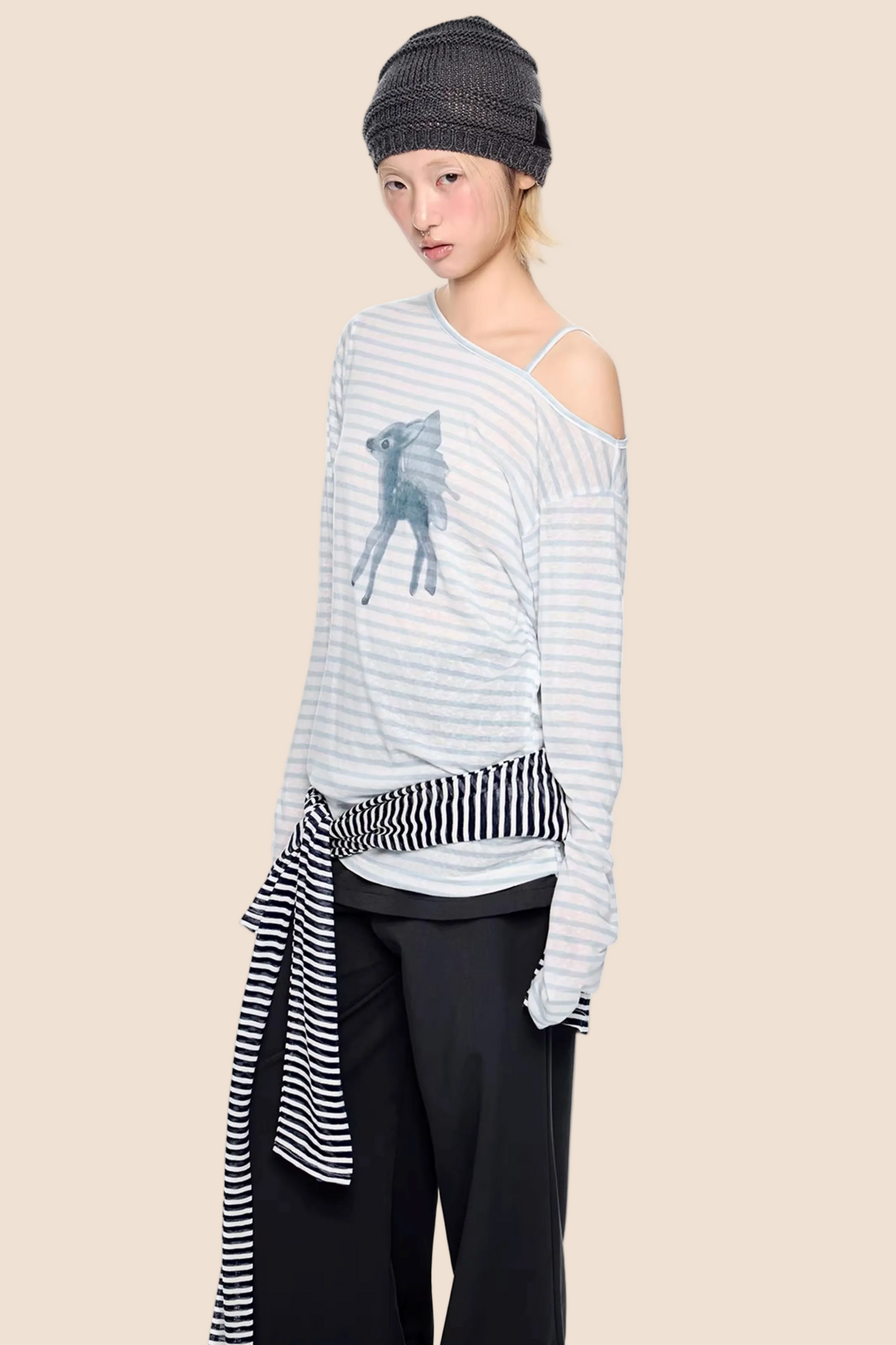 Off-Shoulder Deer Print Blouse