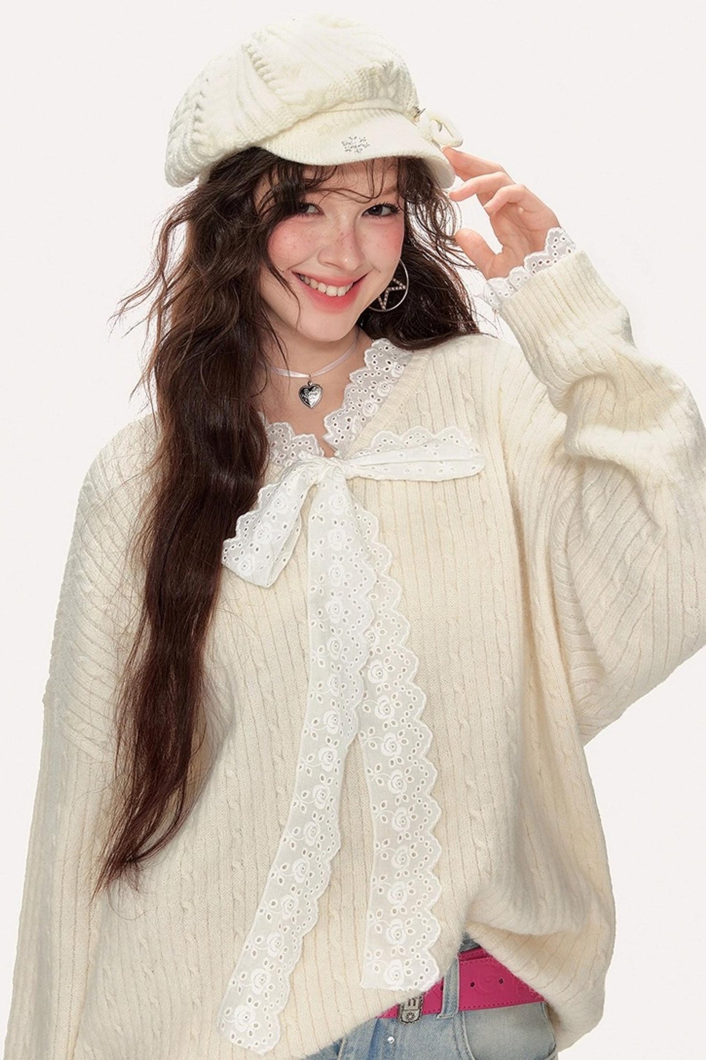 Sweet Lace V-Neck Sweater