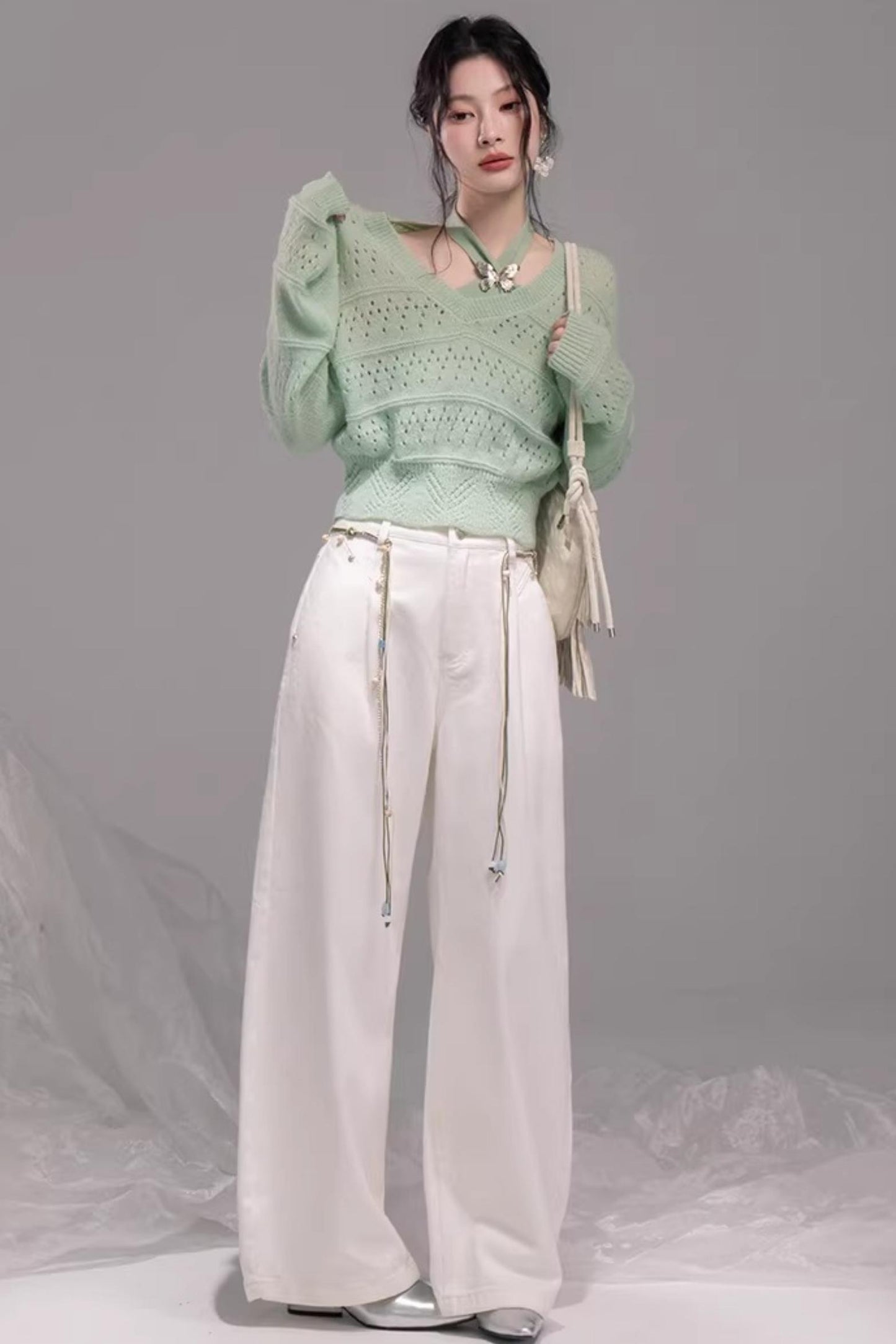 Ensemble Gilet Tricoté Vert Printemps