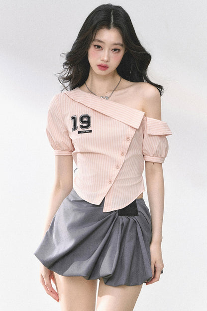 Pink Off Shoulder Stripe T-Shirt