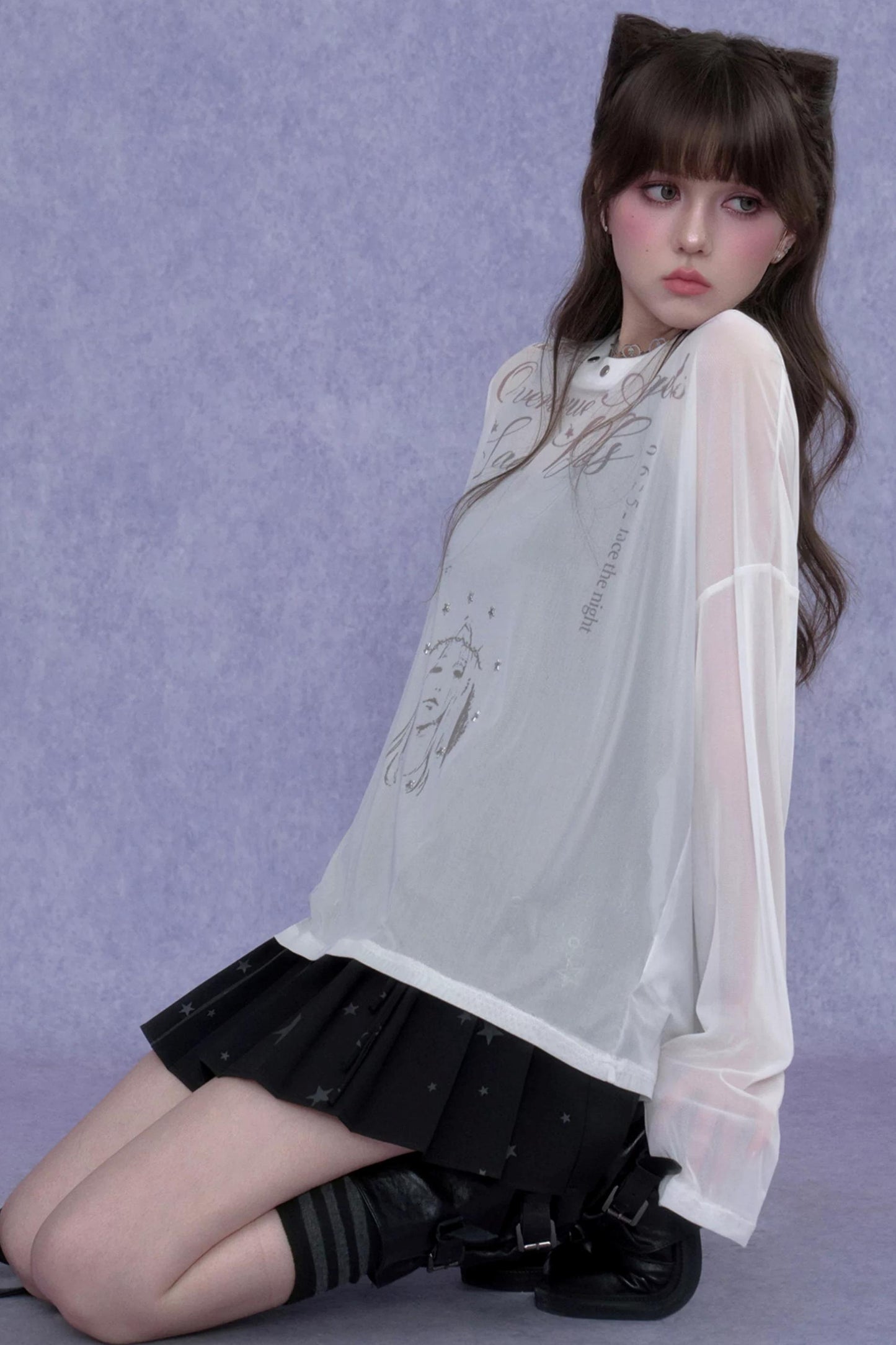 White Mesh Sun Protection Blouse Set-Up