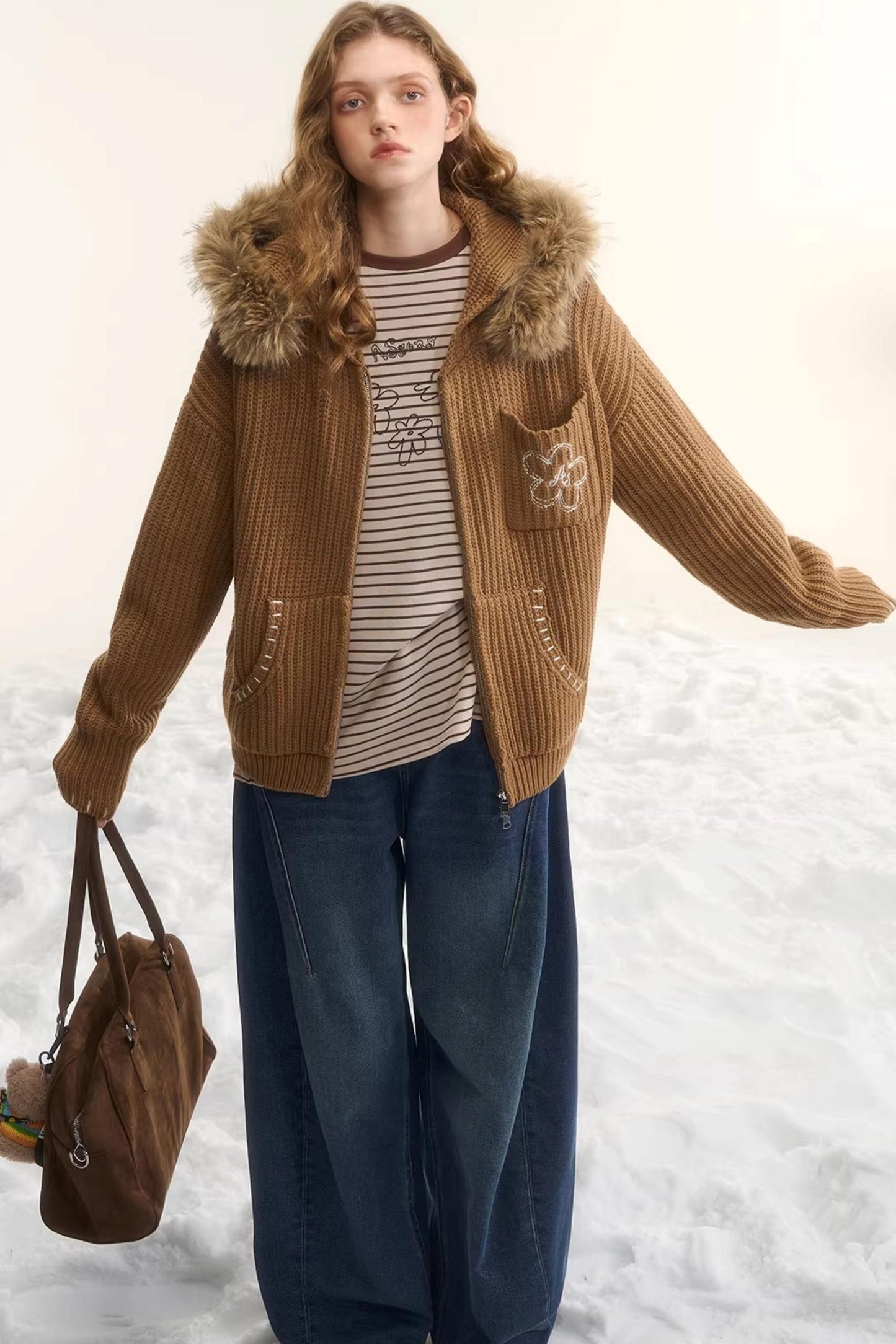 Detachable Fur Hooded Cardigan