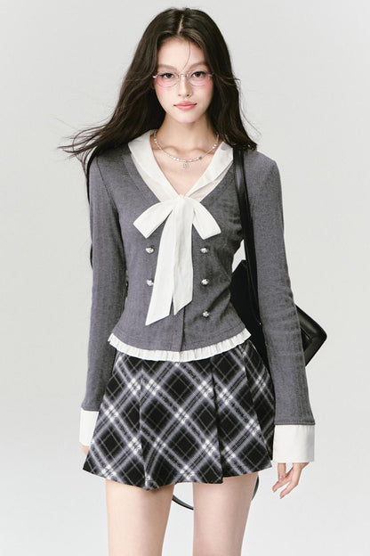 Bow Knit Fake Two-Piece College Top Set-Up