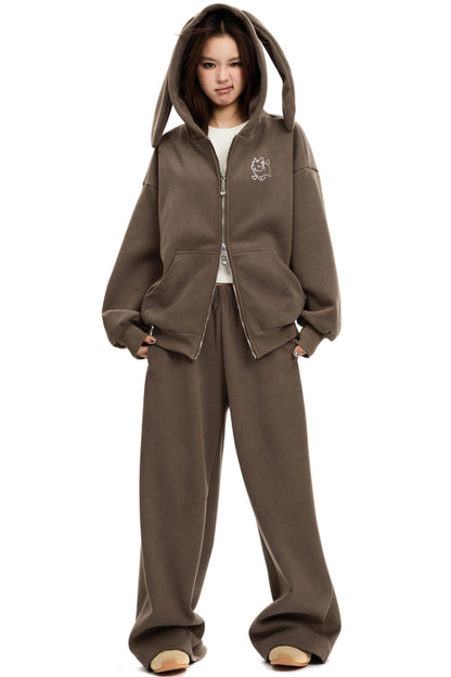 Bunny Ears Hooded Cardigan & Wide Pants Set-Up