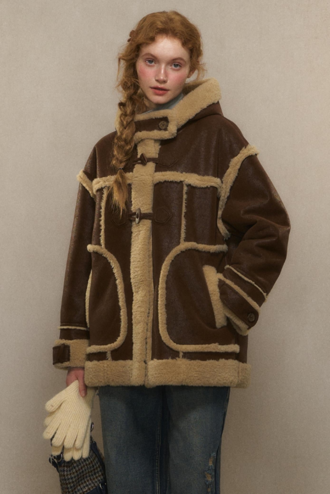 LOLOL ® 24FW Brown Small Man Hooded Horn Button Lambswool Jacket Women's Winter Fur All-in-One Cotton Suit