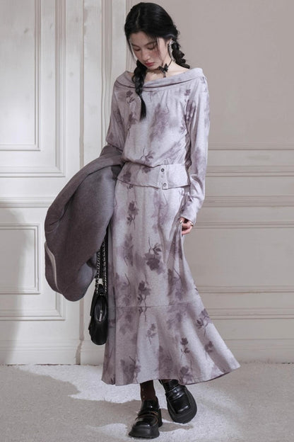 Cloud Gray Purple Bow Neck Knit Skirt Set