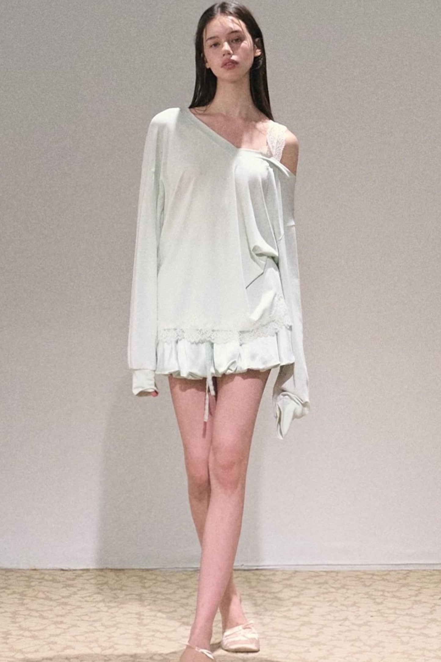 Greenery Lace Slanted Pullover Sweatshirt