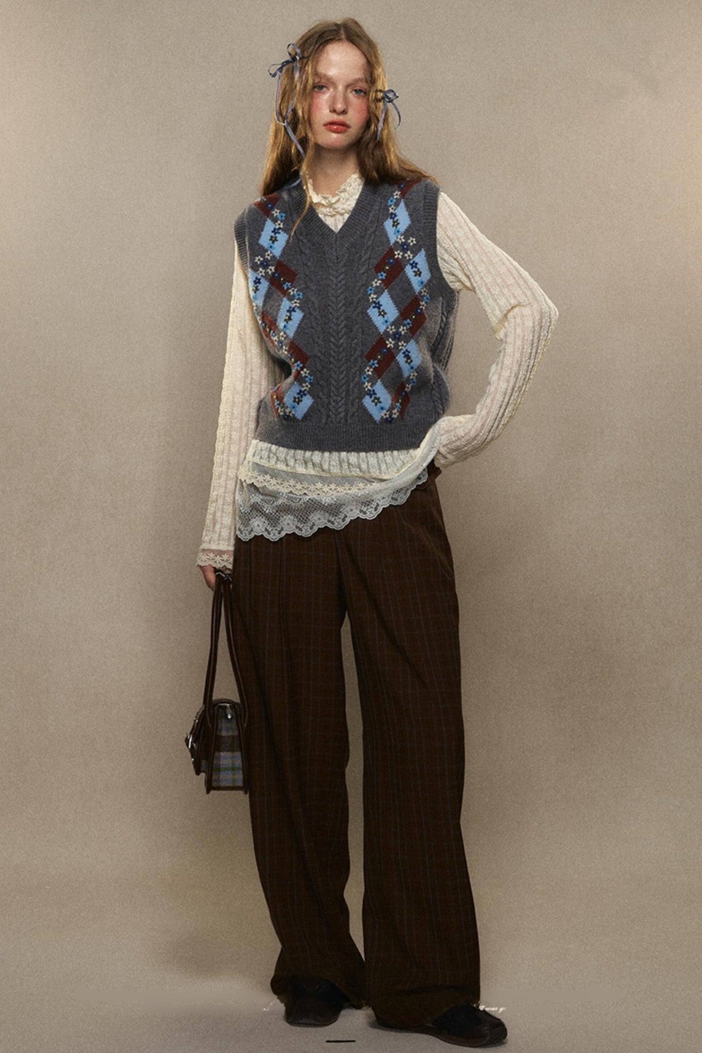 Maillard Plaid Straight Wide-Leg Pants