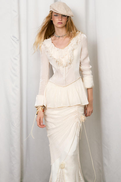 Cream Tailored Lace Satin Fishtail Skirt