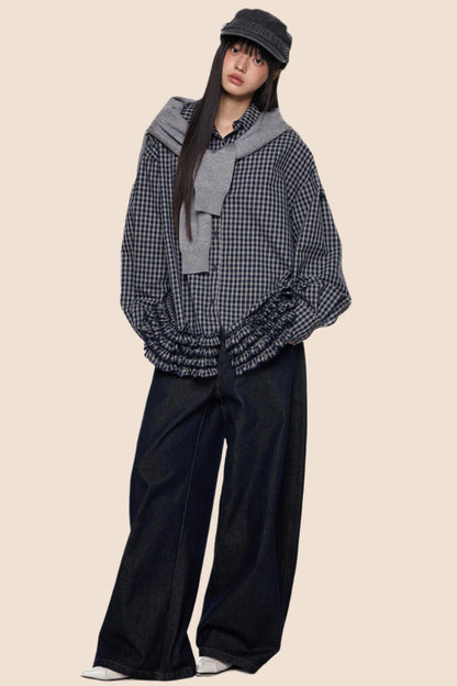 Plaid Pleated Long Sleeve Shirt