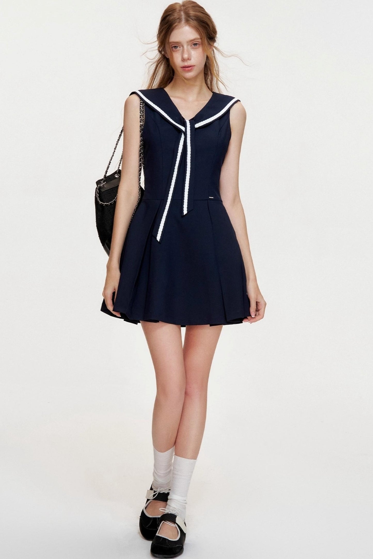 NavyCore Floral Tie Waist Dress