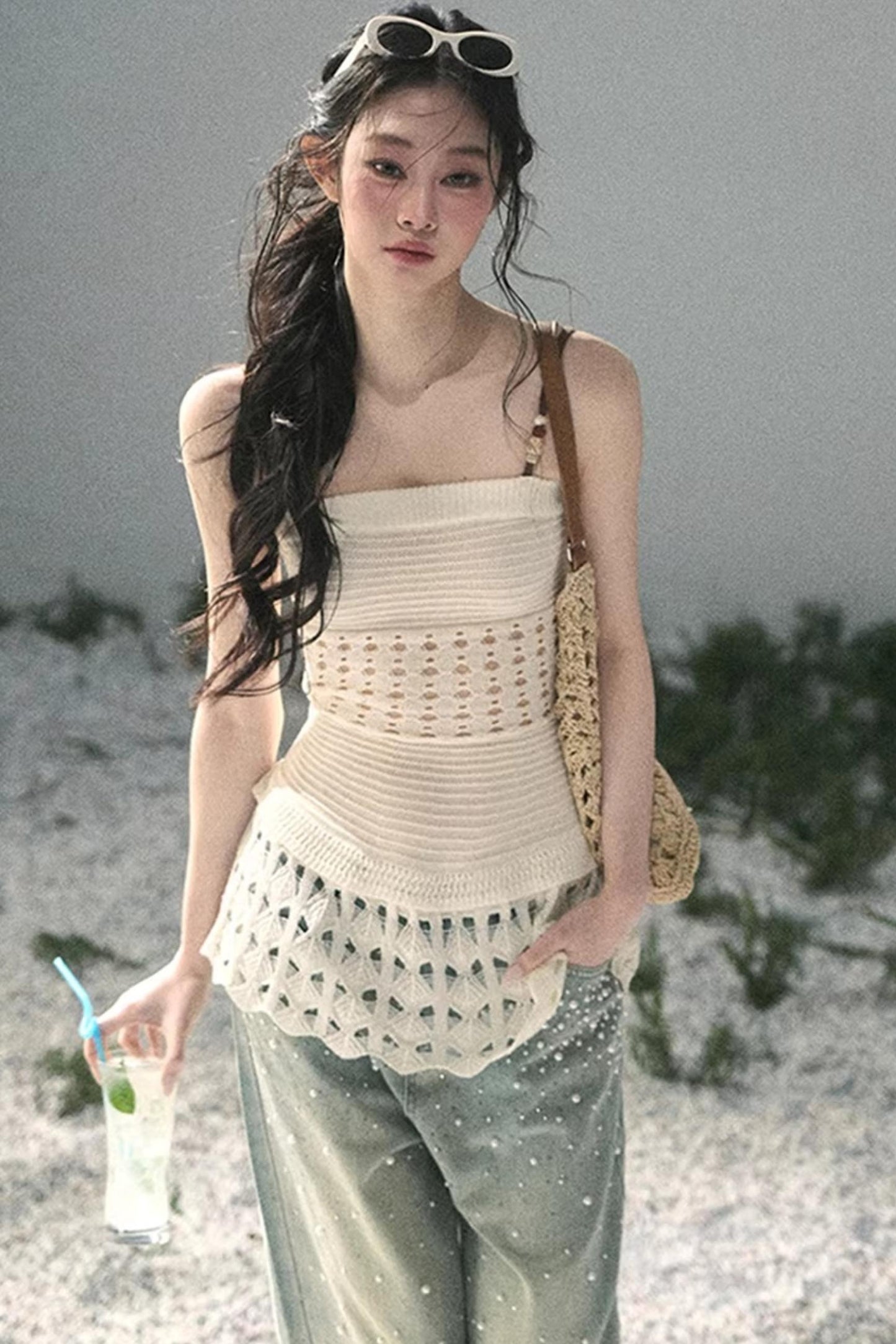 Französisches Strick-Hollow-Out-Unterhemd