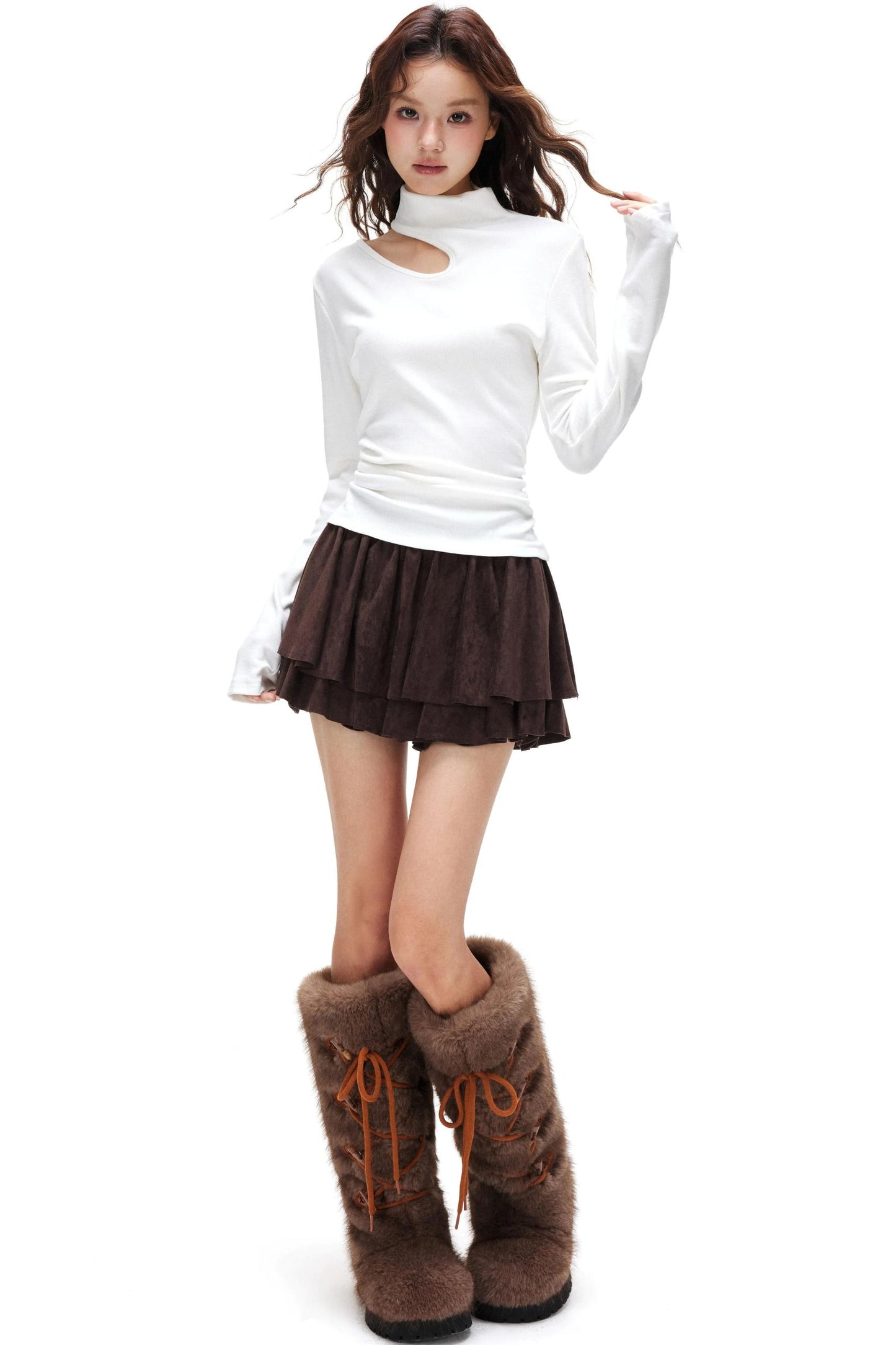 Thin Velvet Pleated Turtleneck Top