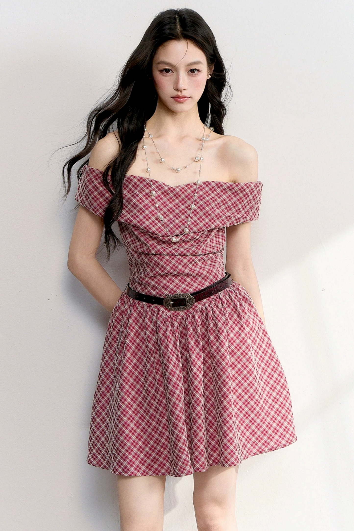 Retro-rotes kariertes A-Linien-Kleid