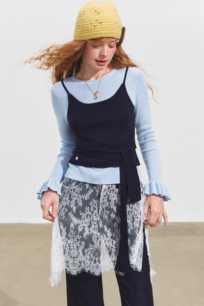 Fake Two Contrasting Lace-Up Top