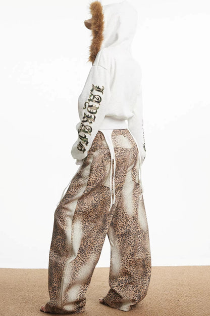 Retro Leopard Print Denim Pants