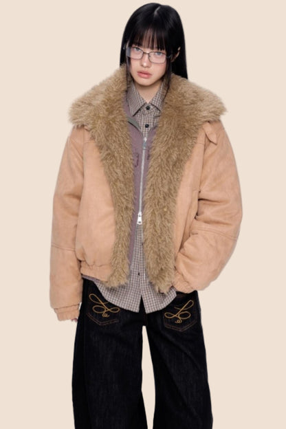 Faux Suede Fur Collar Jacket