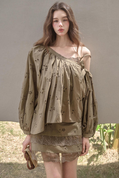 Embroidery Elegant Slanted Shoulder Skirt Set-Up