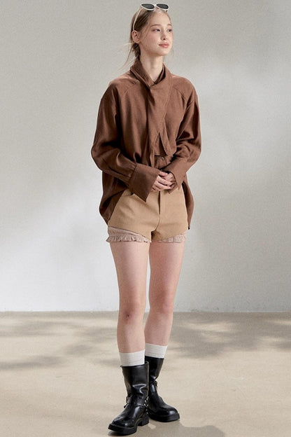 Yellow Lace-up Stand Collar Shirt