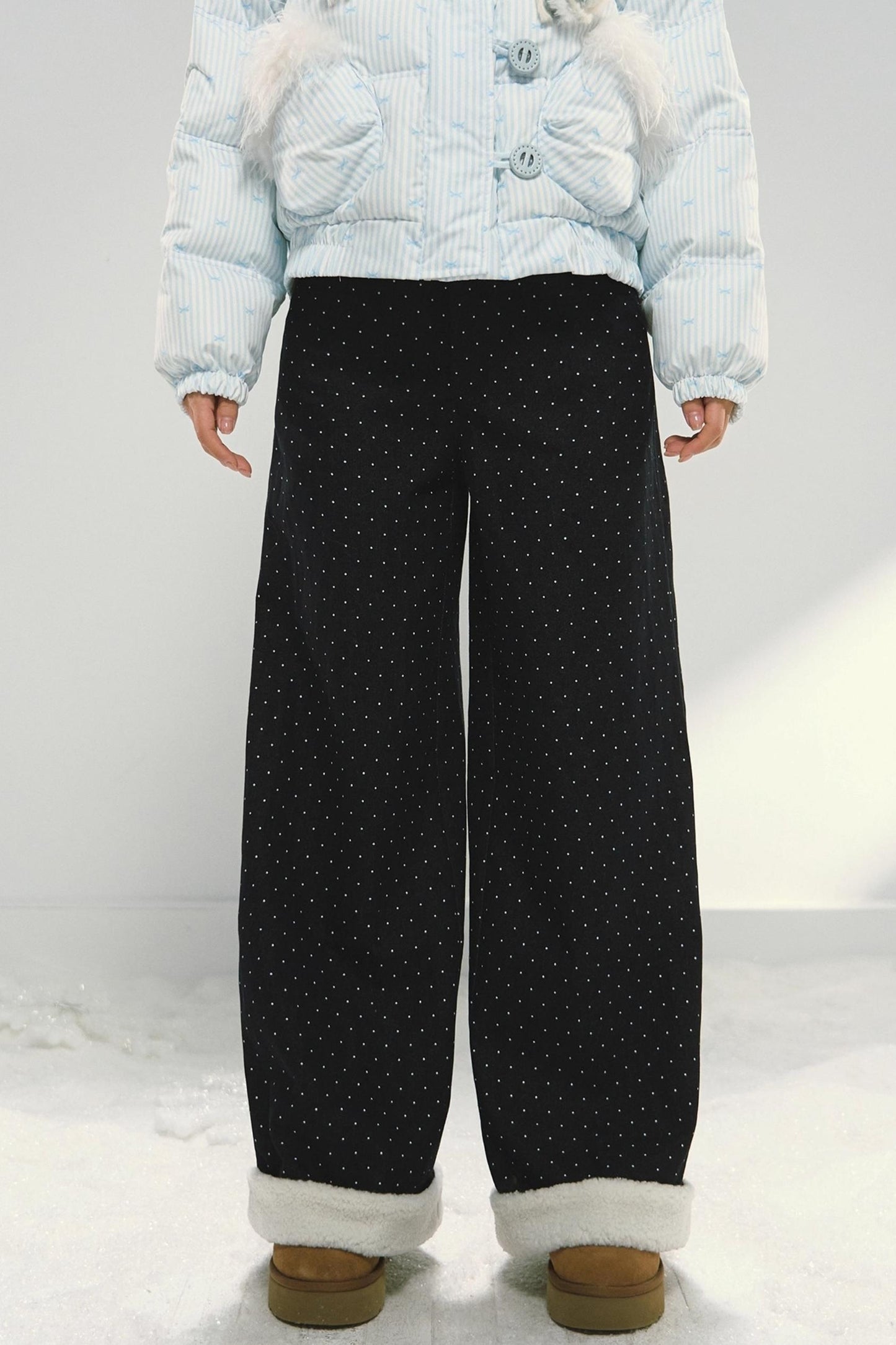 Dark Blue Polka Dot Patchwork Wide-Leg Jeans