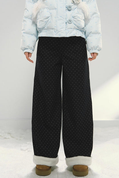 Dark Blue Polka Dot Patchwork Wide-Leg Jeans