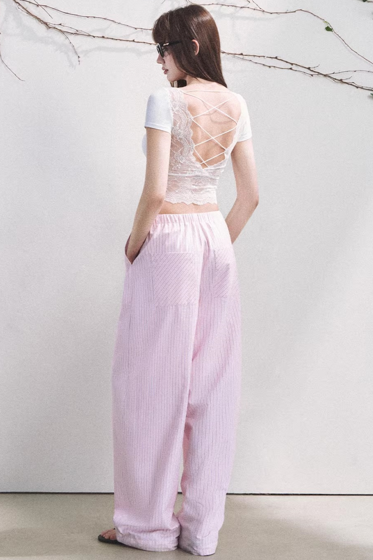Pantaloni a Righe Color Bacca Chiaro