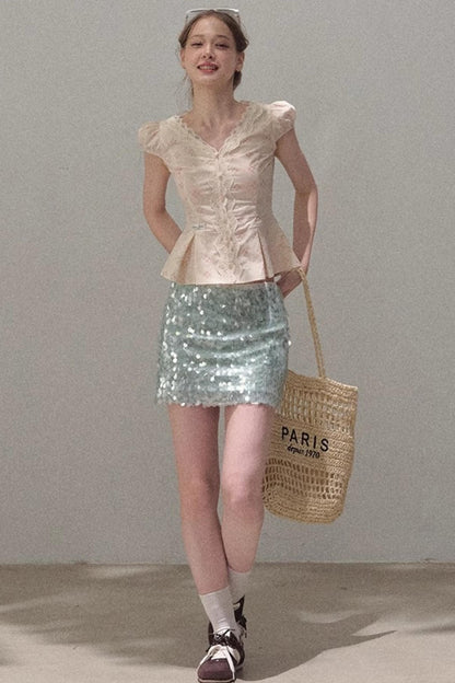 Dual-Color Sequin A-Line Mini Skirt