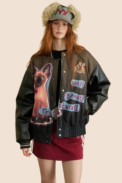 Vintage Dog Print Pu Leather Jacket