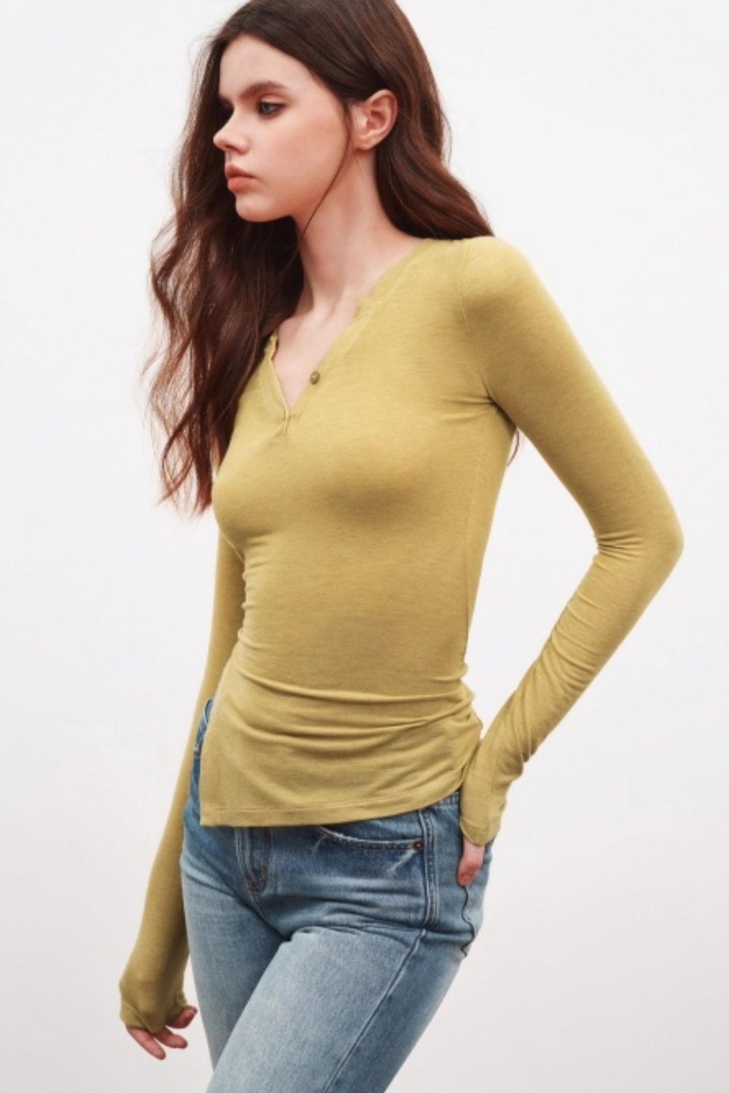 V-Neck High Slit Long Sleeve Slim Top