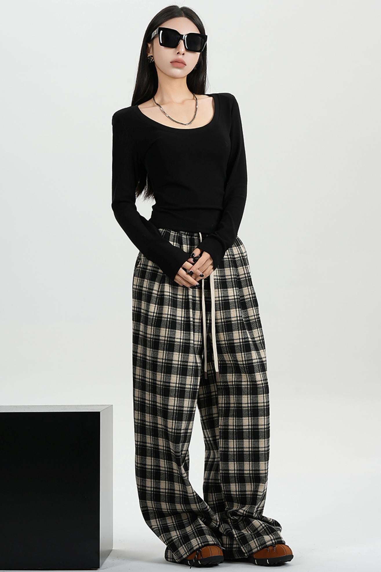 SRYSAME Plaid Casual Pants Elastic Waist Fall Winter Wide Leg Pants Trousers Women's Panties Padded Pants Sweatpants Women's Wear