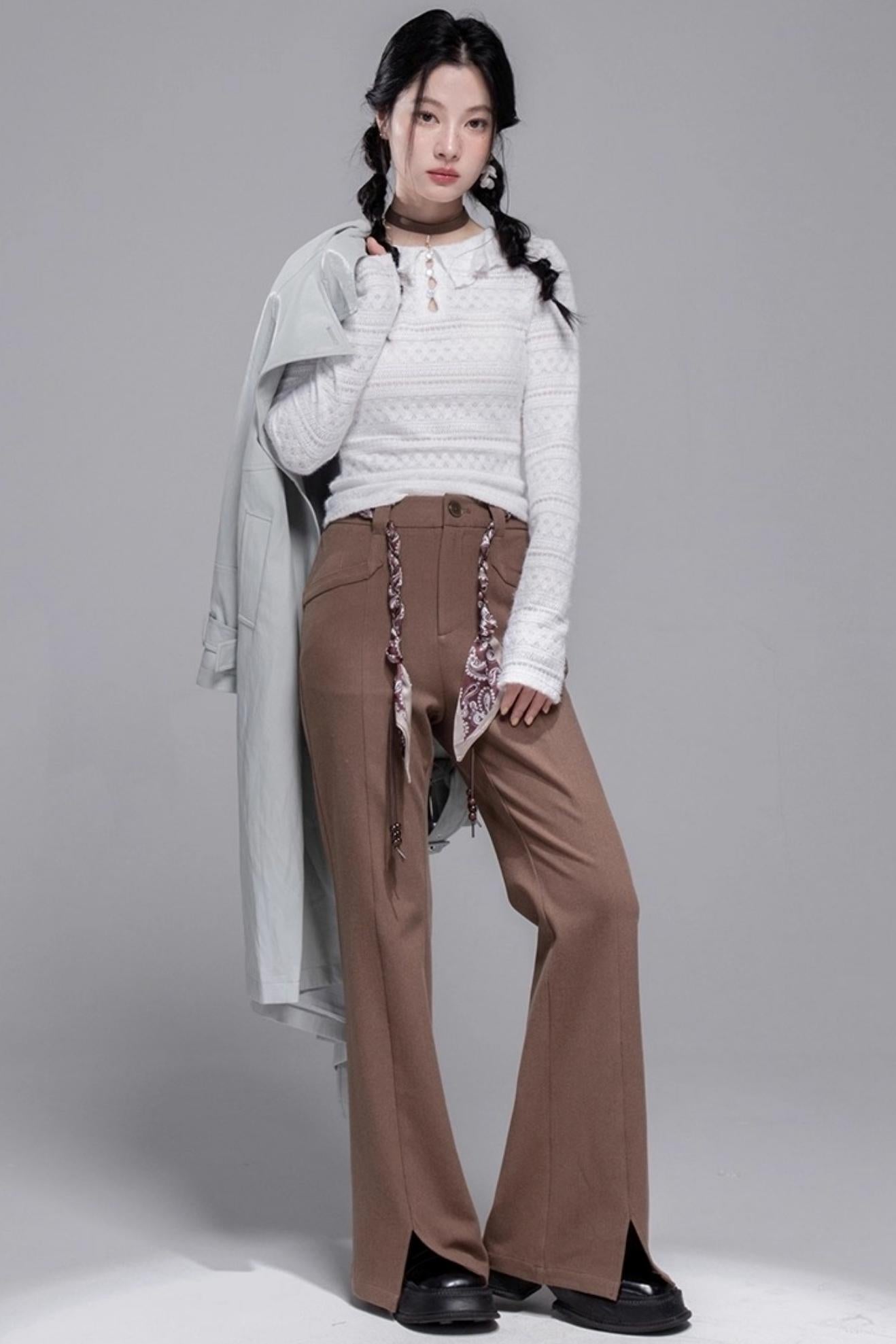 Silk Scarf Belt Split Bootcut Pants