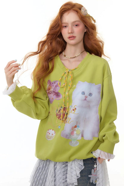 American Retro Cat Print Sweatshirt